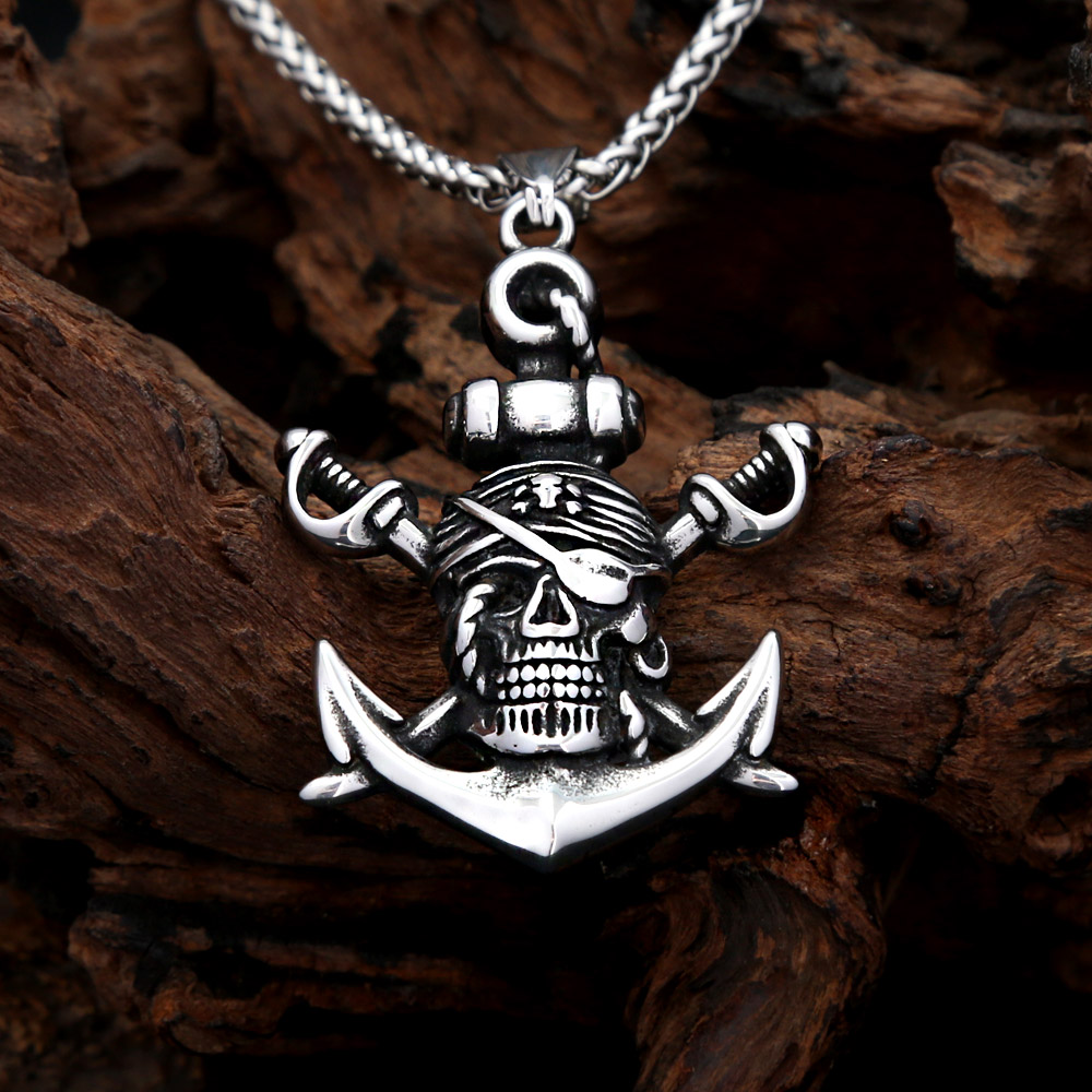 Battle Rope Anchor - จี้สร้อยคอรูปหัวกะโหลกโจรสลัดสไตล์กอธิค ทำจากสแตนเลส เครื่องประดับแฟชั่นพังก์สำหรับผู้ชายและผู้หญิง
